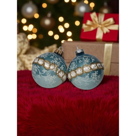 Krebs Glass Christmas Ornaments Blue Glitter Flocked Lace Embellished 3" 2pc - Picture 1 of 15